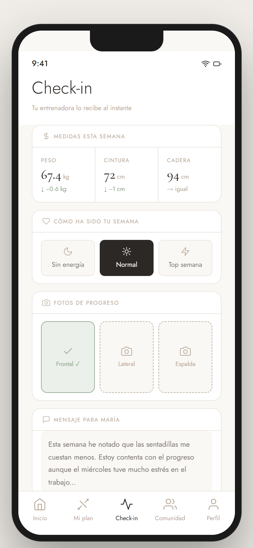 María Fitness app, check-in