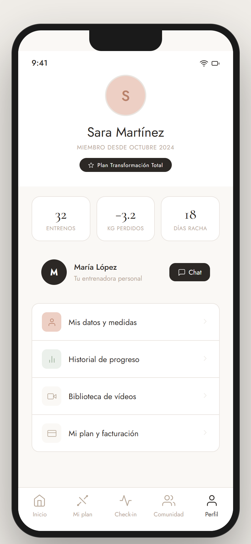 María Fitness app, perfil