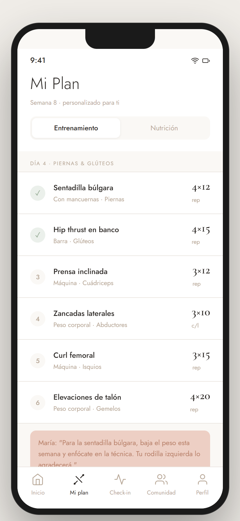 María Fitness app, plan de entreno