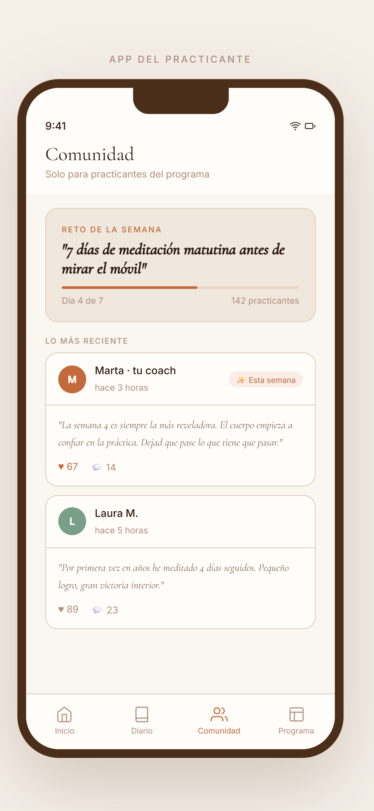 Meditación app practicante, comunidad