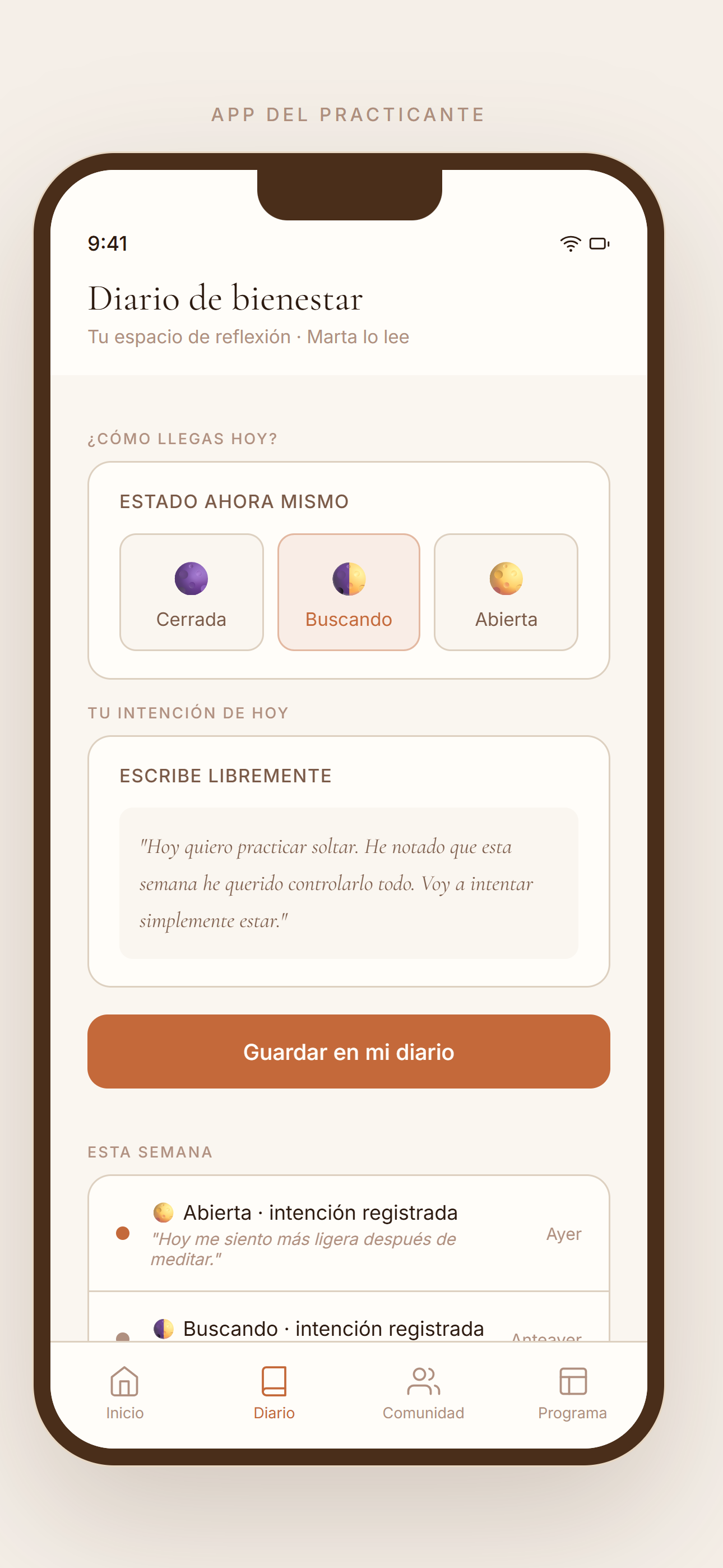 Meditación app practicante, diario de bienestar