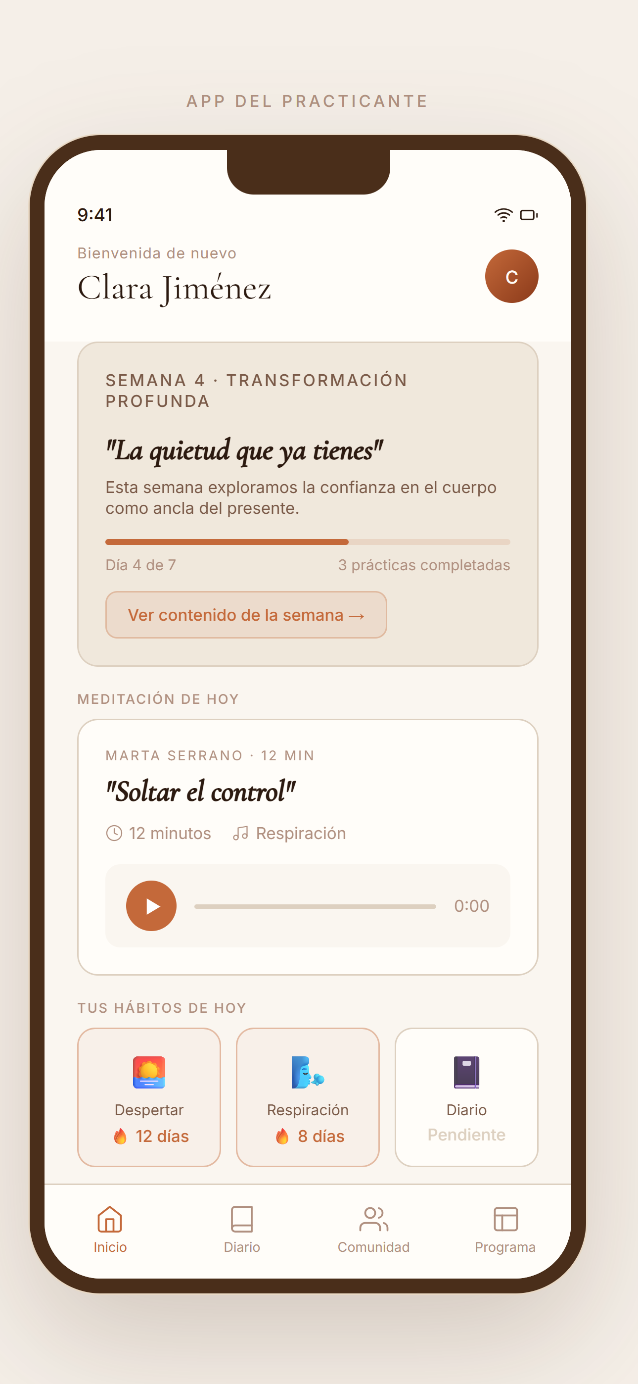 Meditación app practicante, inicio