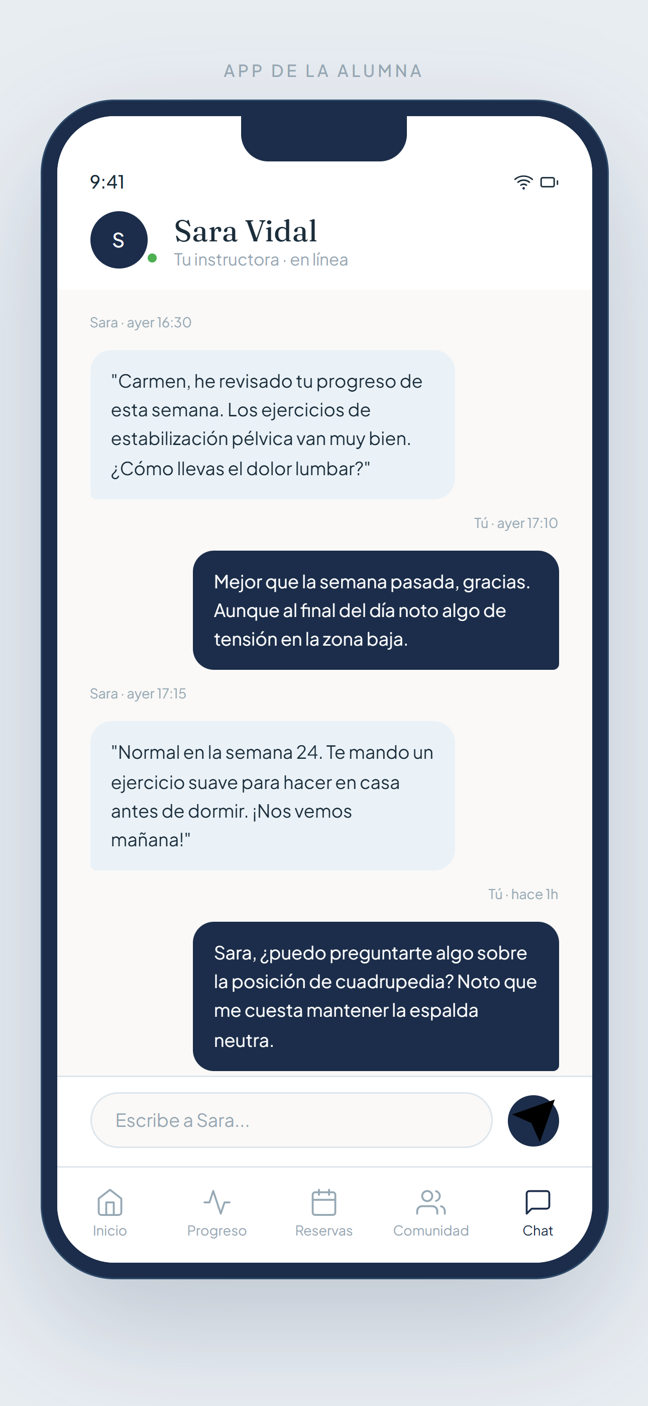 Pilates app alumna, chat