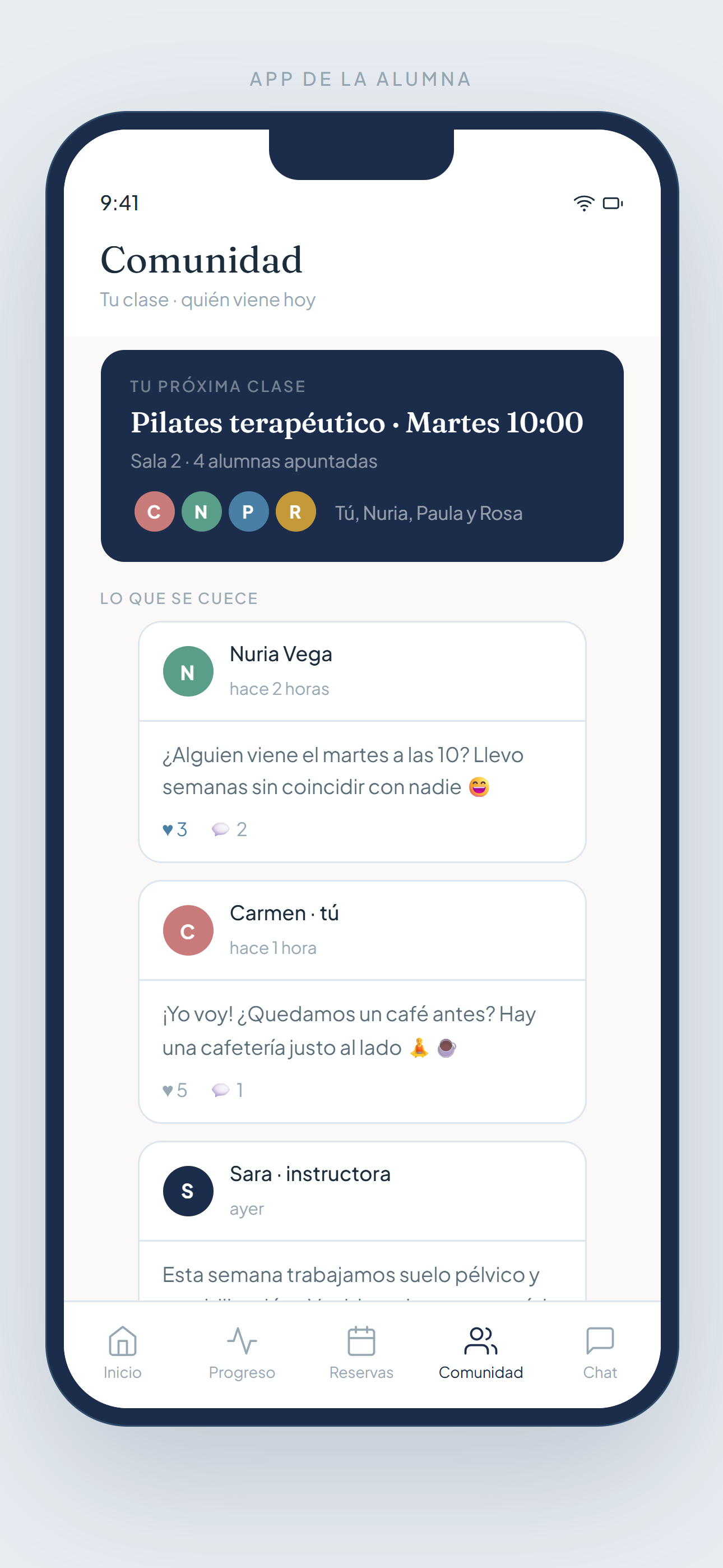 Pilates app alumna, comunidad