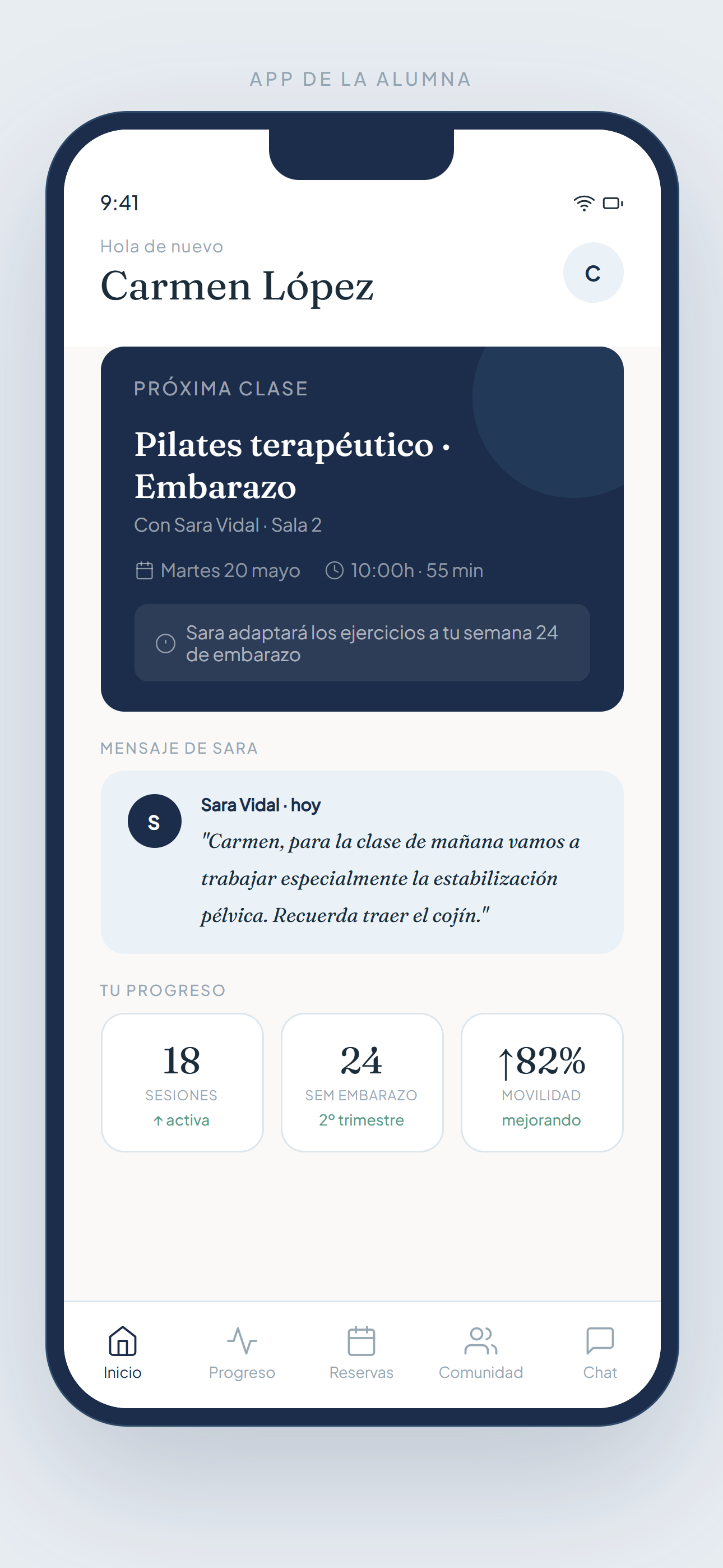 Pilates app alumna, inicio