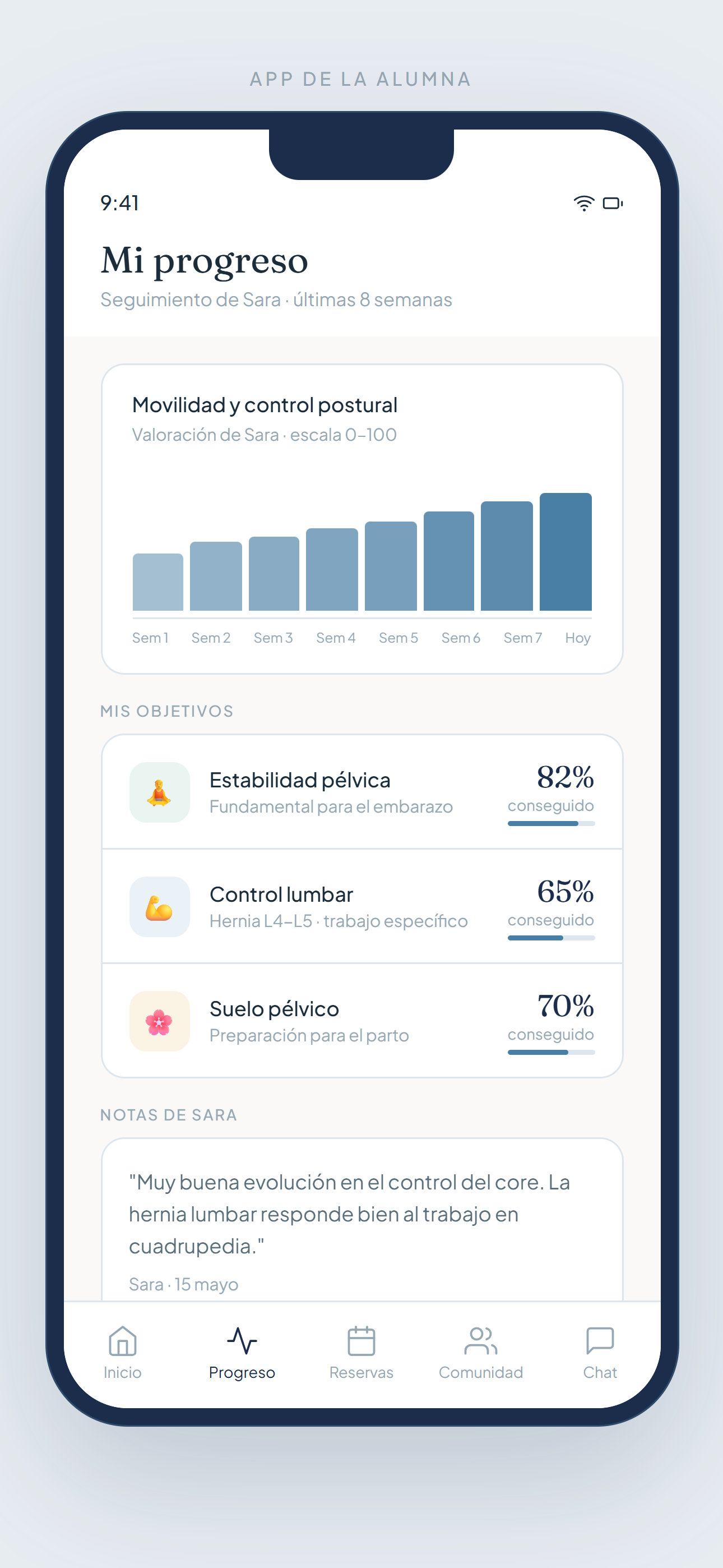 Pilates app alumna, progreso