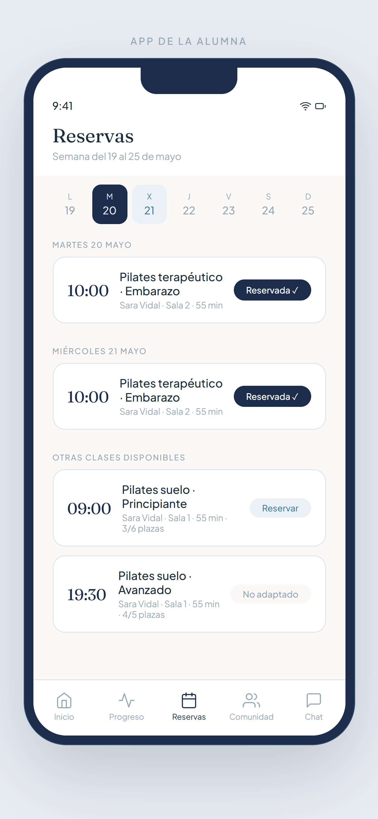 Pilates app alumna, reservas